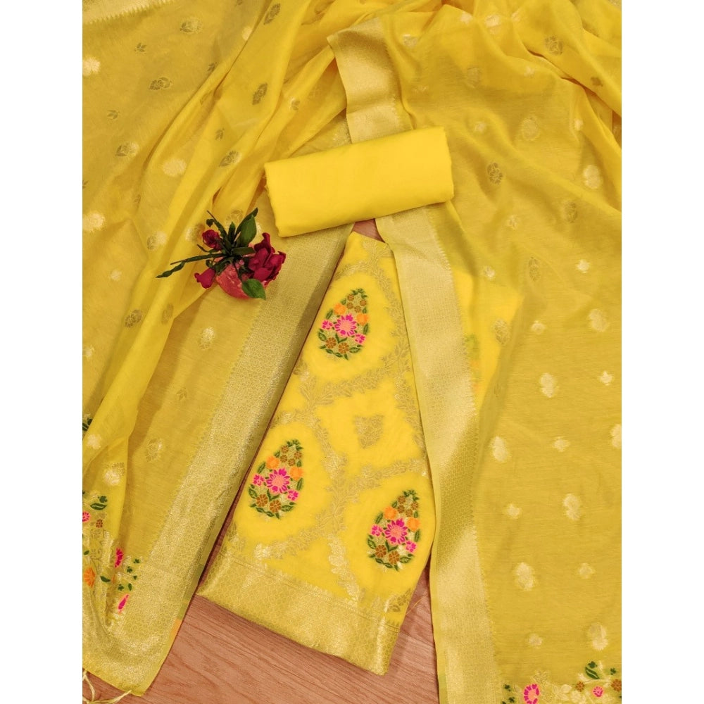 HD Women's Banarasi Silk Printed Unstitched Salwar Suit Material With Dupatta (Yellow, 3Mtrs)