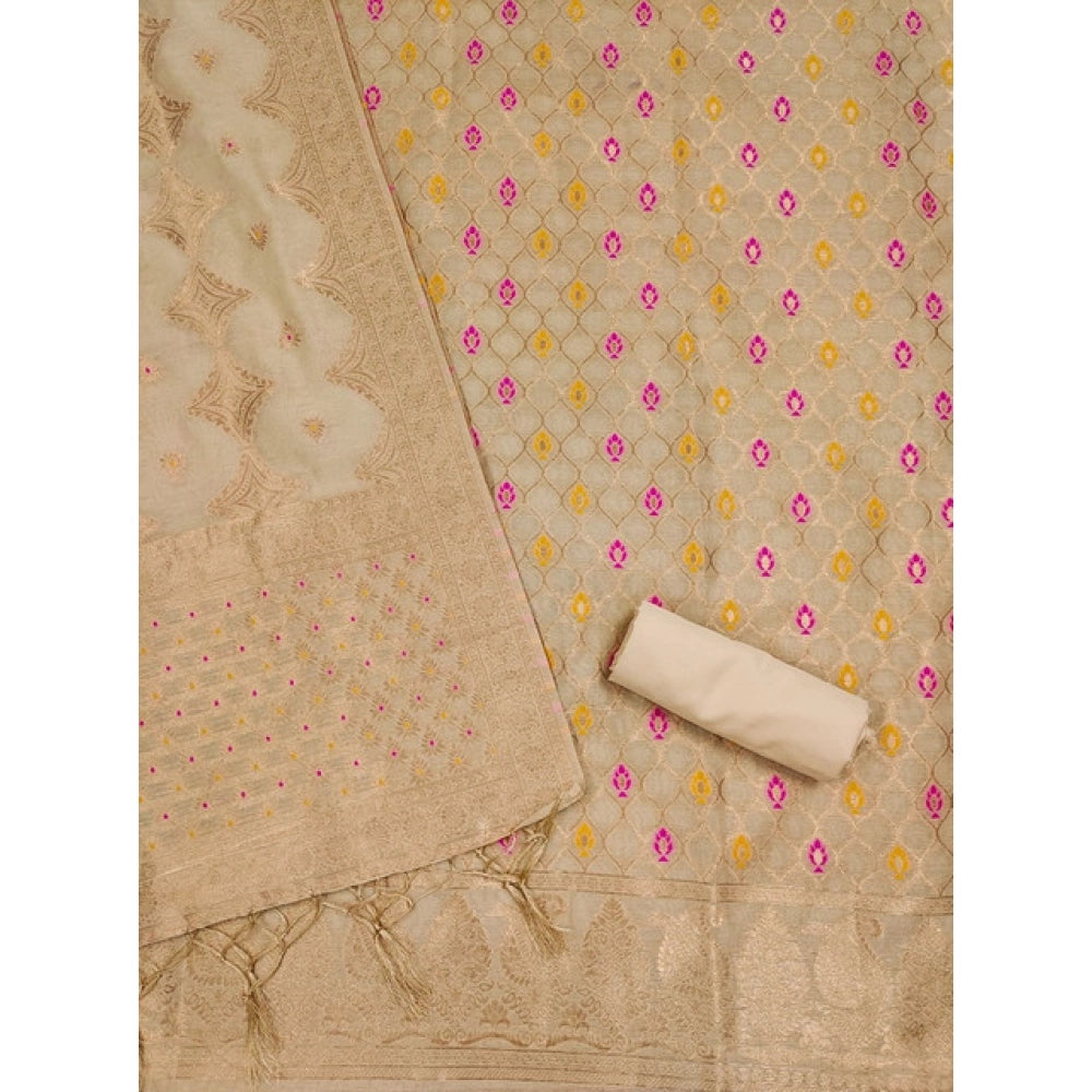HD Women's Banarasi Silk Printed Unstitched Salwar Suit Material With Dupatta (Cream, 3Mtrs)