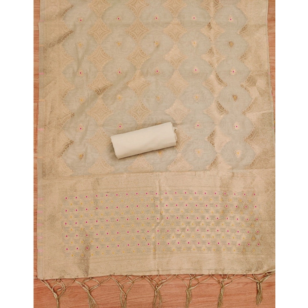 HD Women's Banarasi Silk Printed Unstitched Salwar Suit Material With Dupatta (Cream, 3Mtrs)