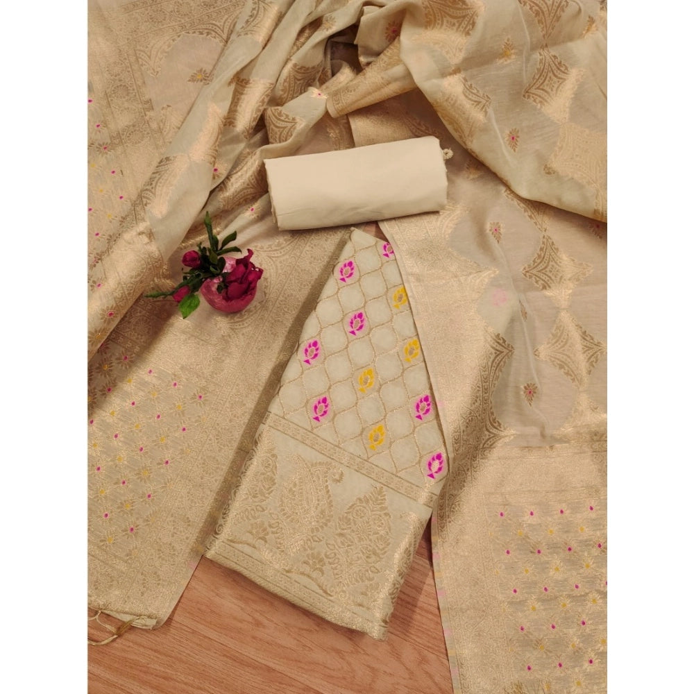 HD Women's Banarasi Silk Printed Unstitched Salwar Suit Material With Dupatta (Cream, 3Mtrs)