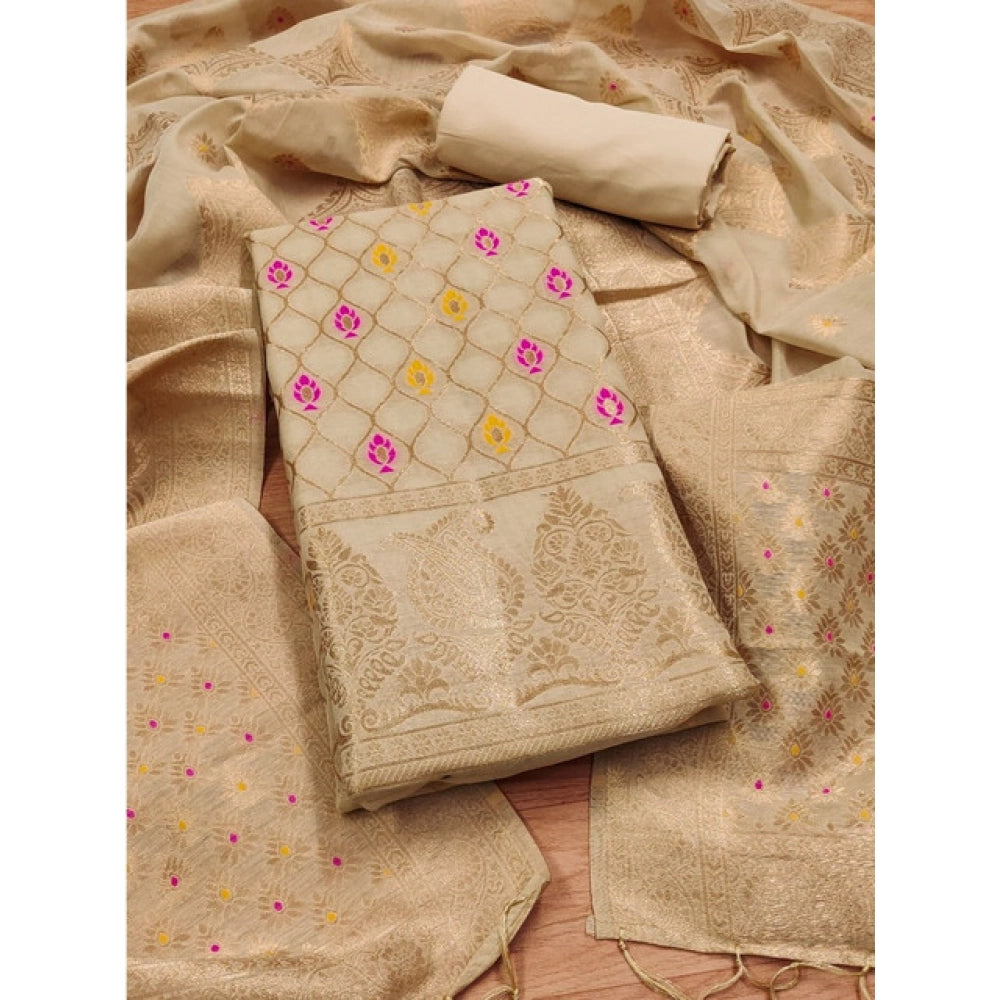 HD Women's Banarasi Silk Printed Unstitched Salwar Suit Material With Dupatta (Cream, 3Mtrs)