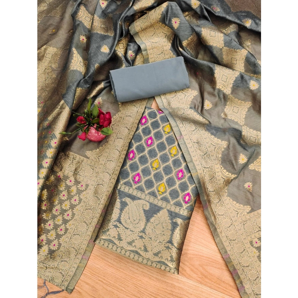 HD Women's Banarasi Silk Printed Unstitched Salwar Suit Material With Dupatta (Grey, 3Mtrs)