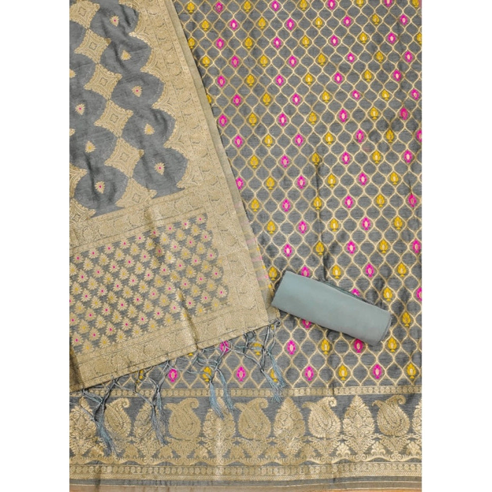 HD Women's Banarasi Silk Printed Unstitched Salwar Suit Material With Dupatta (Grey, 3Mtrs)