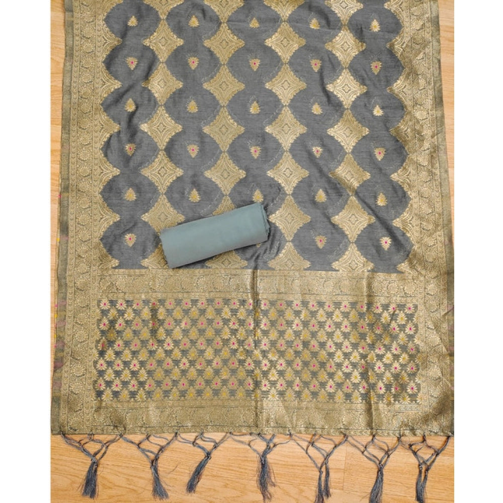 HD Women's Banarasi Silk Printed Unstitched Salwar Suit Material With Dupatta (Grey, 3Mtrs)