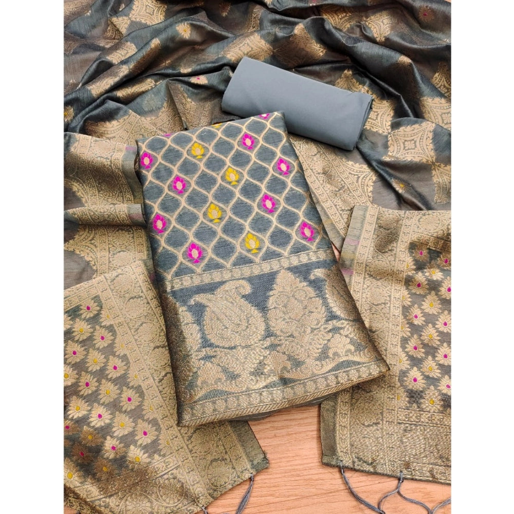 HD Women's Banarasi Silk Printed Unstitched Salwar Suit Material With Dupatta (Grey, 3Mtrs)