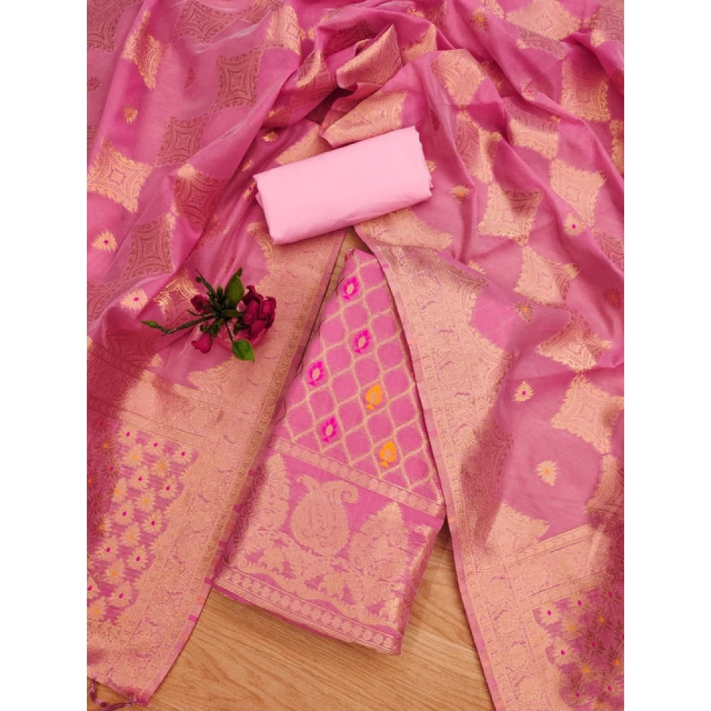 HD Women's Banarasi Silk Printed Unstitched Salwar Suit Material With Dupatta (Pink, 3Mtrs)