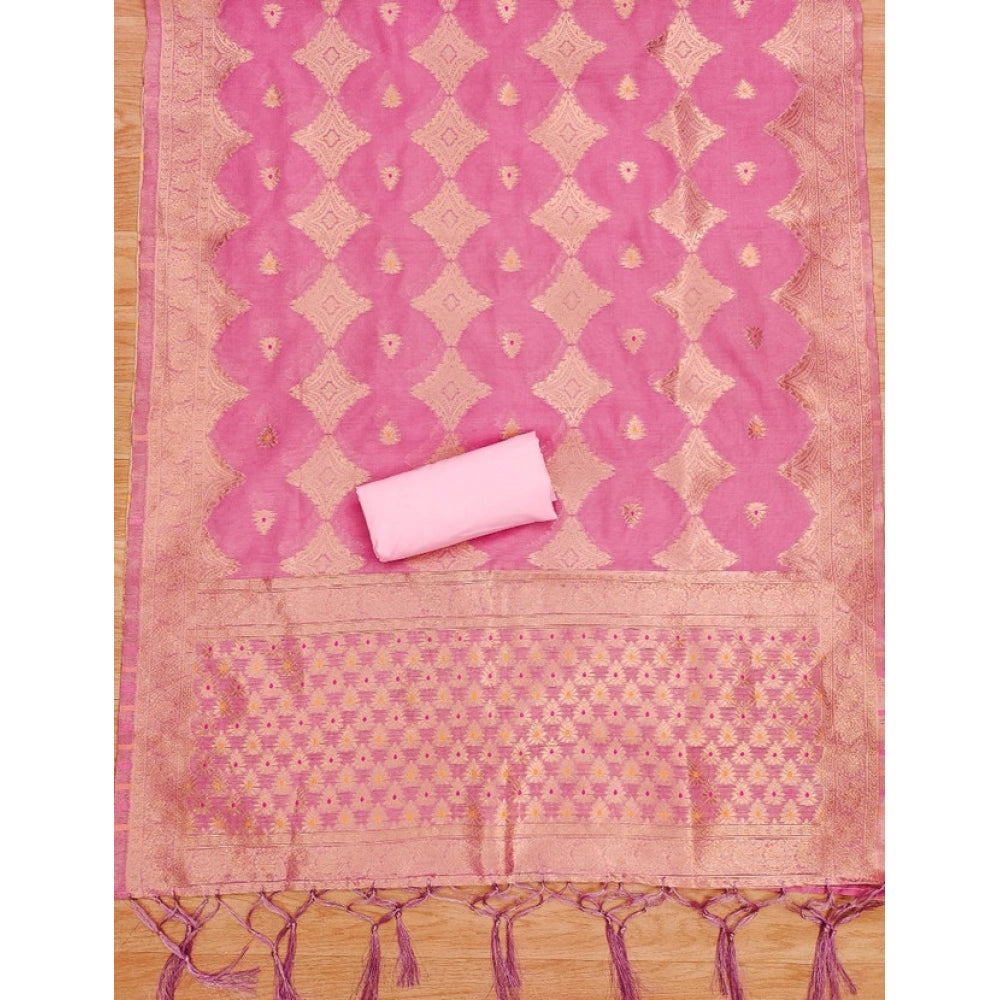 HD Women's Banarasi Silk Printed Unstitched Salwar Suit Material With Dupatta (Pink, 3Mtrs)