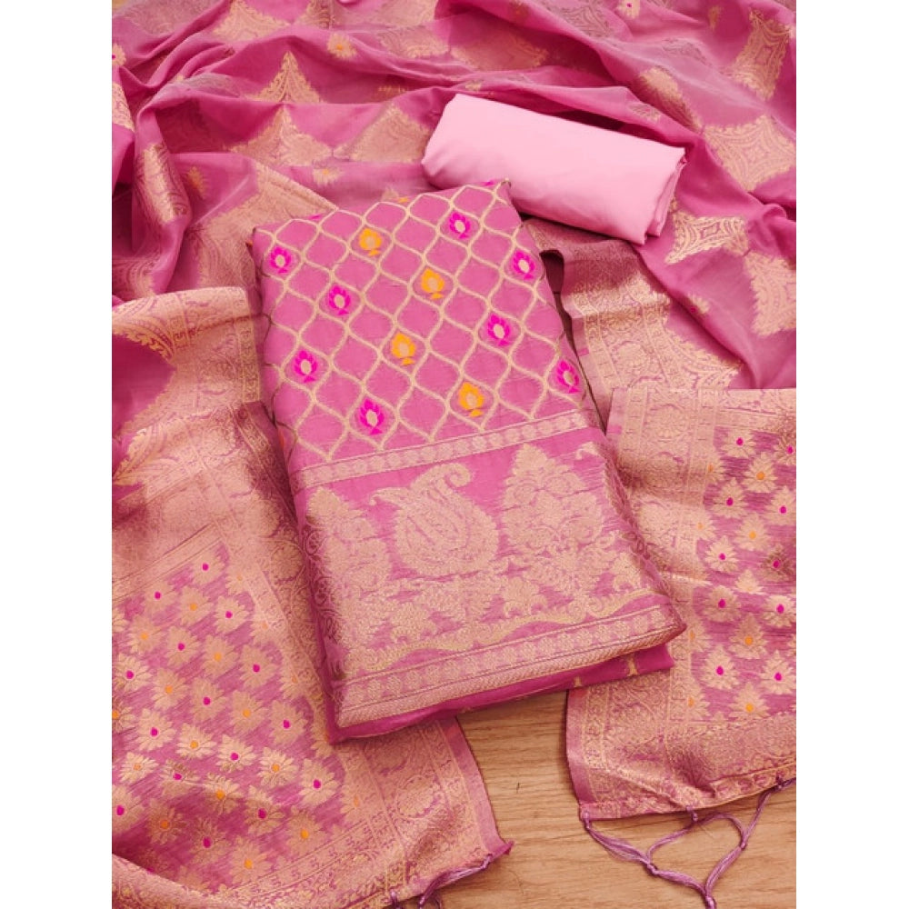 HD Women's Banarasi Silk Printed Unstitched Salwar Suit Material With Dupatta (Pink, 3Mtrs)