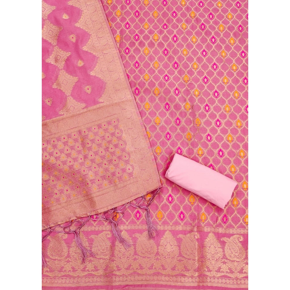 HD Women's Banarasi Silk Printed Unstitched Salwar Suit Material With Dupatta (Pink, 3Mtrs)