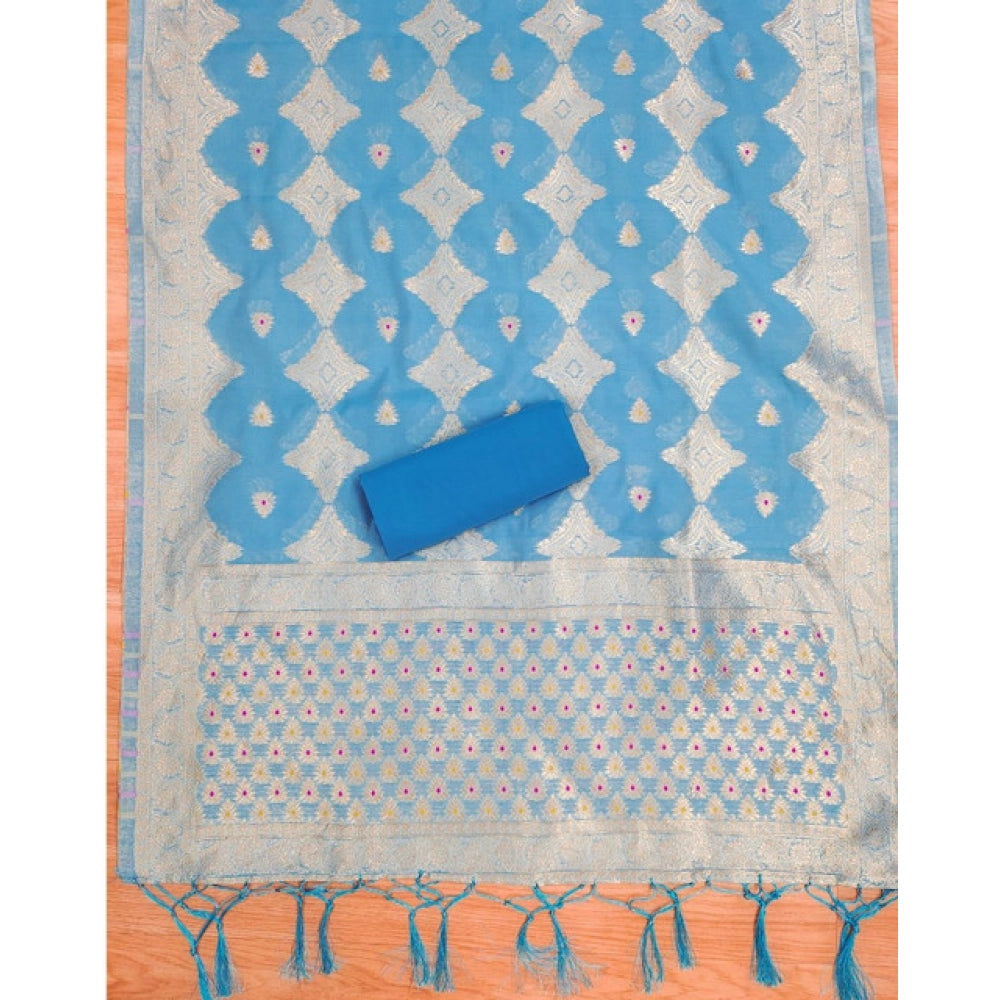 HD Women's Banarasi Silk Printed Unstitched Salwar Suit Material With Dupatta (Sky Blue, 3Mtrs)
