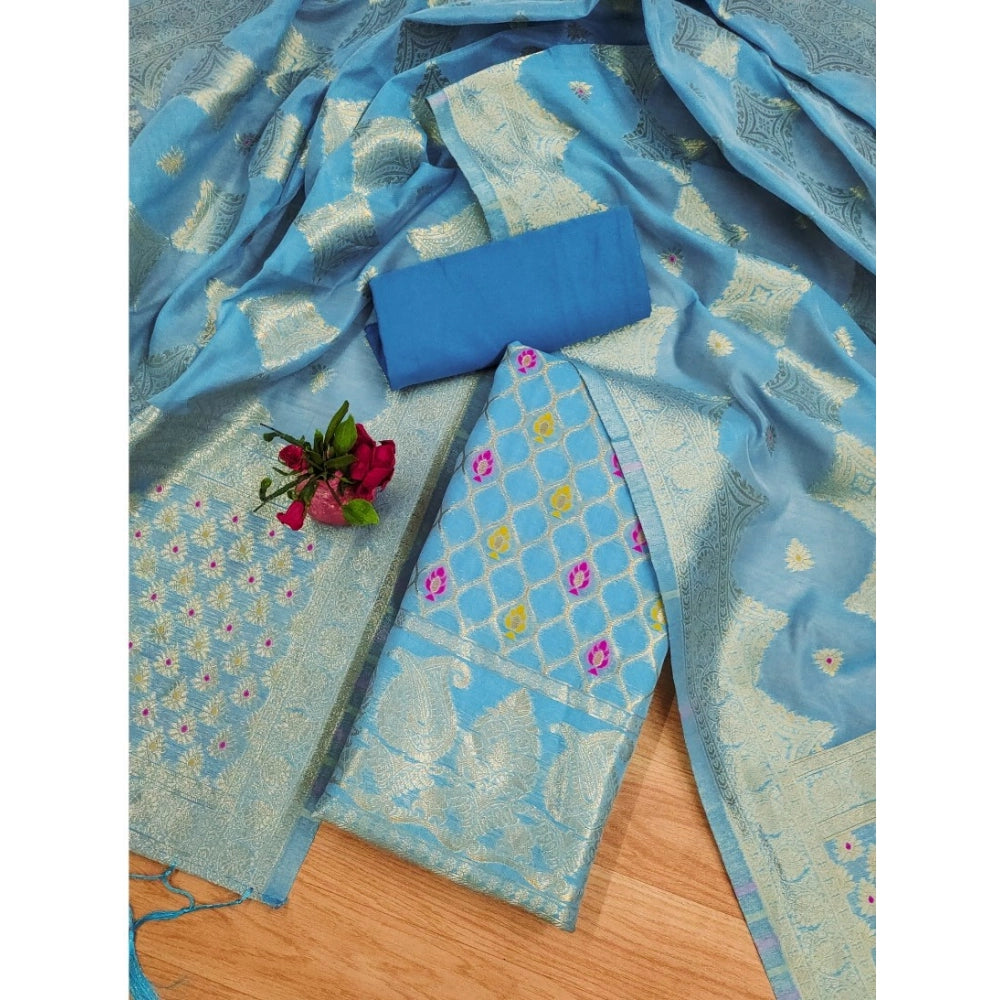 HD Women's Banarasi Silk Printed Unstitched Salwar Suit Material With Dupatta (Sky Blue, 3Mtrs)