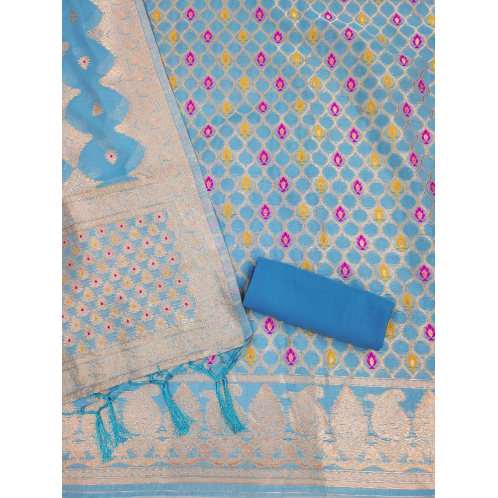 HD Women's Banarasi Silk Printed Unstitched Salwar Suit Material With Dupatta (Sky Blue, 3Mtrs)
