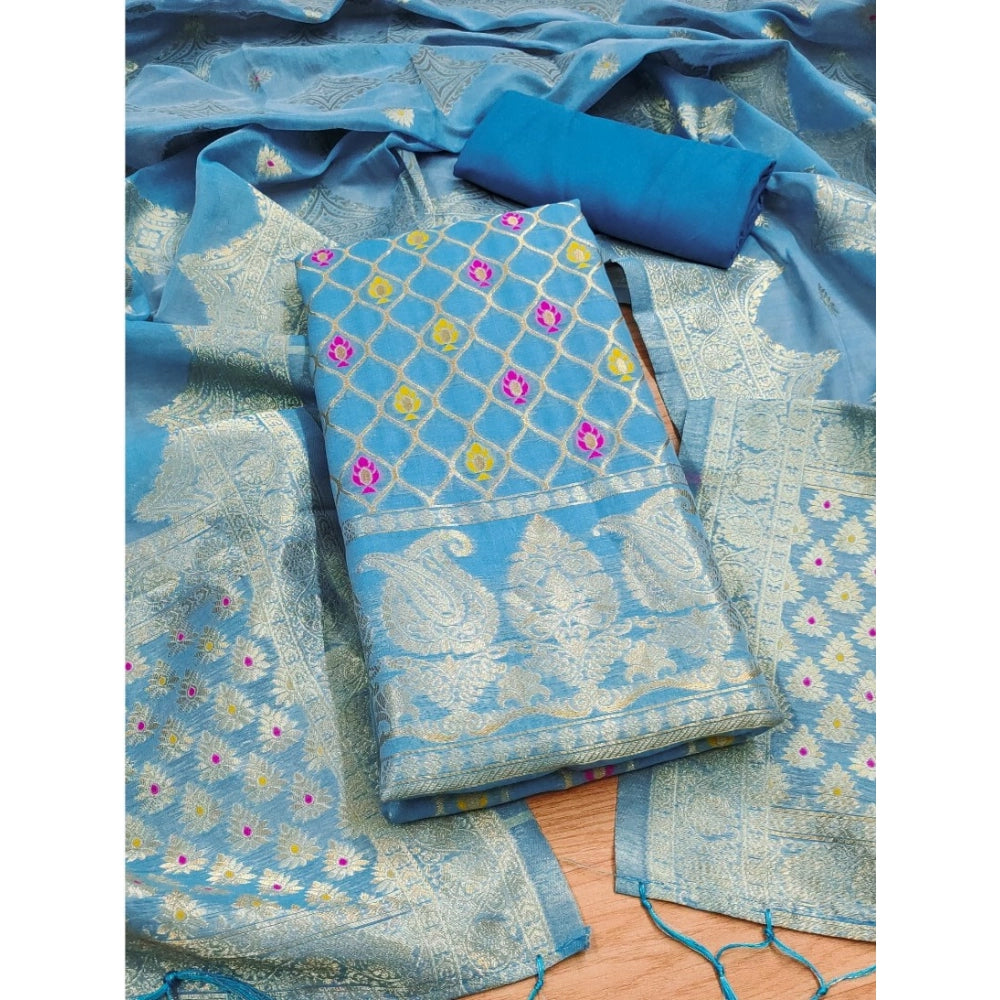 HD Women's Banarasi Silk Printed Unstitched Salwar Suit Material With Dupatta (Sky Blue, 3Mtrs)