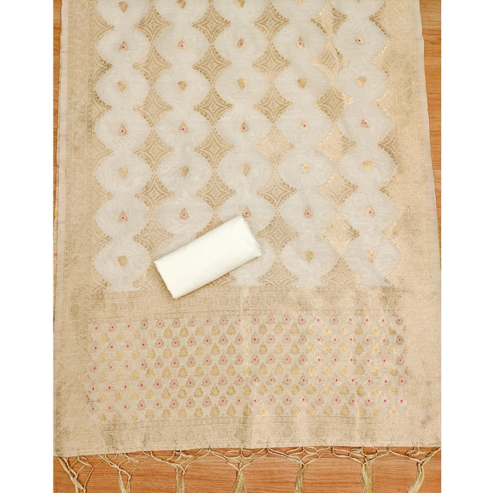 HD Women's Banarasi Silk Printed Unstitched Salwar Suit Material With Dupatta (White, 3Mtrs)