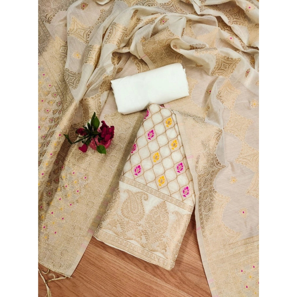 HD Women's Banarasi Silk Printed Unstitched Salwar Suit Material With Dupatta (White, 3Mtrs)