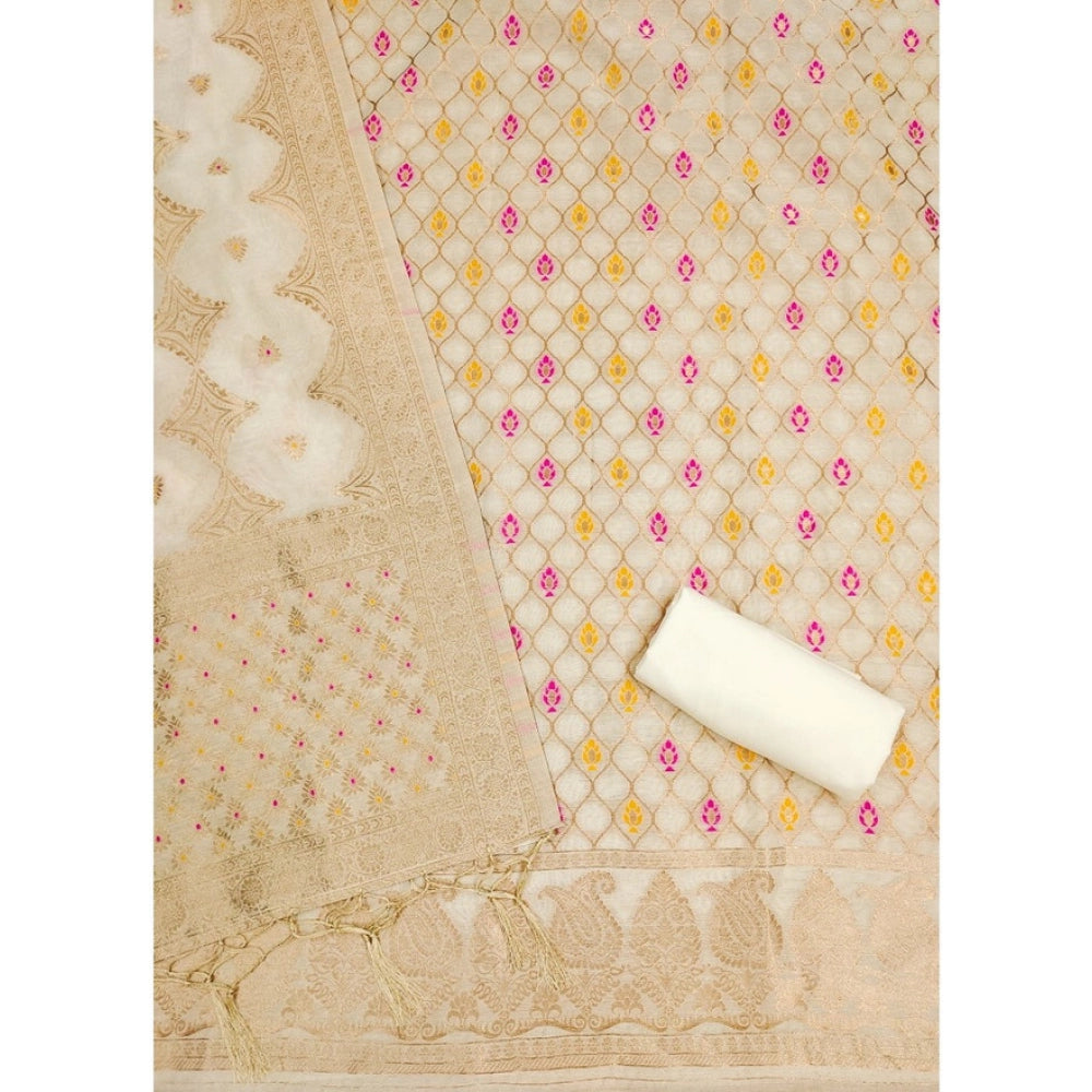 HD Women's Banarasi Silk Printed Unstitched Salwar Suit Material With Dupatta (White, 3Mtrs)