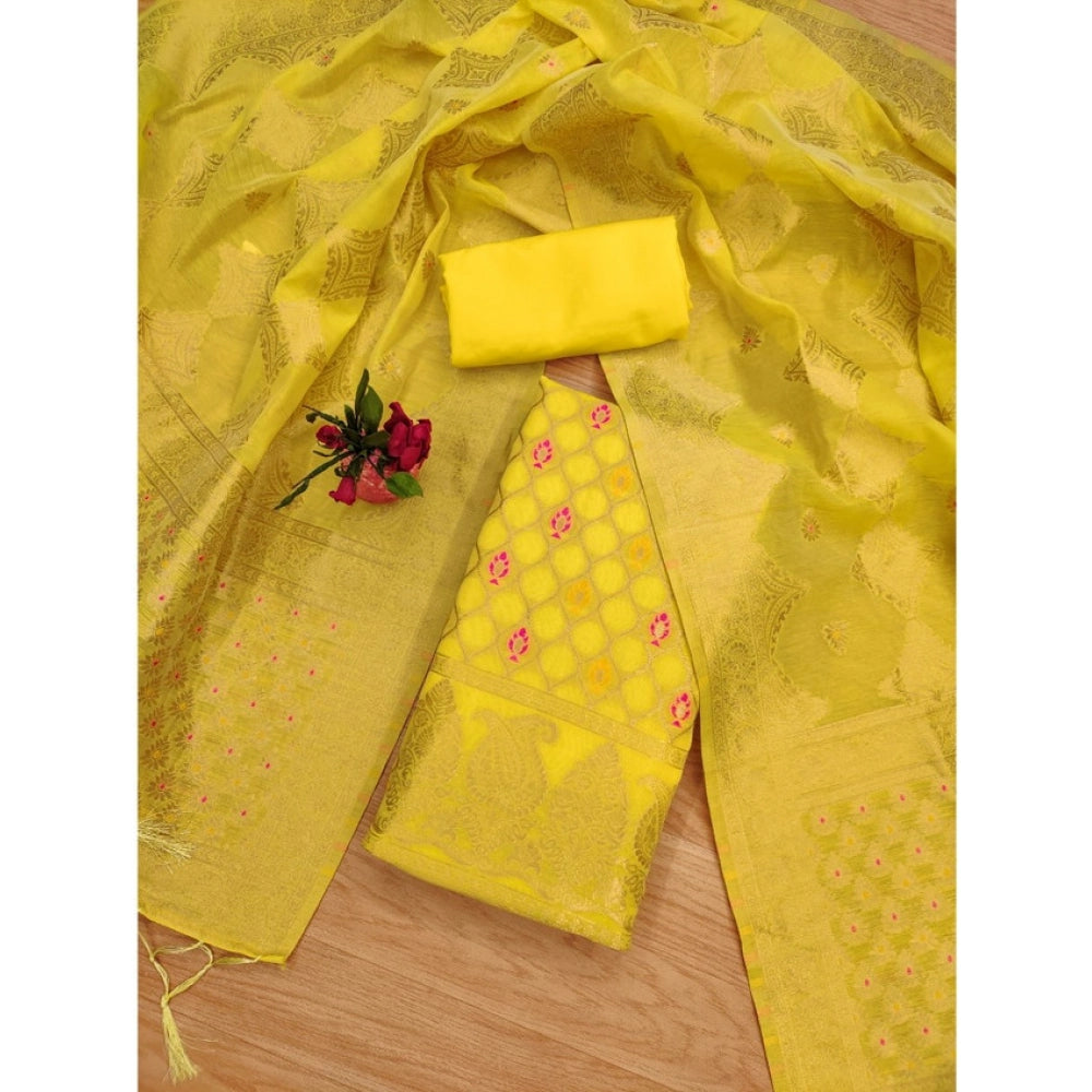 HD Women's Banarasi Silk Printed Unstitched Salwar Suit Material With Dupatta (Yellow, 3Mtrs)
