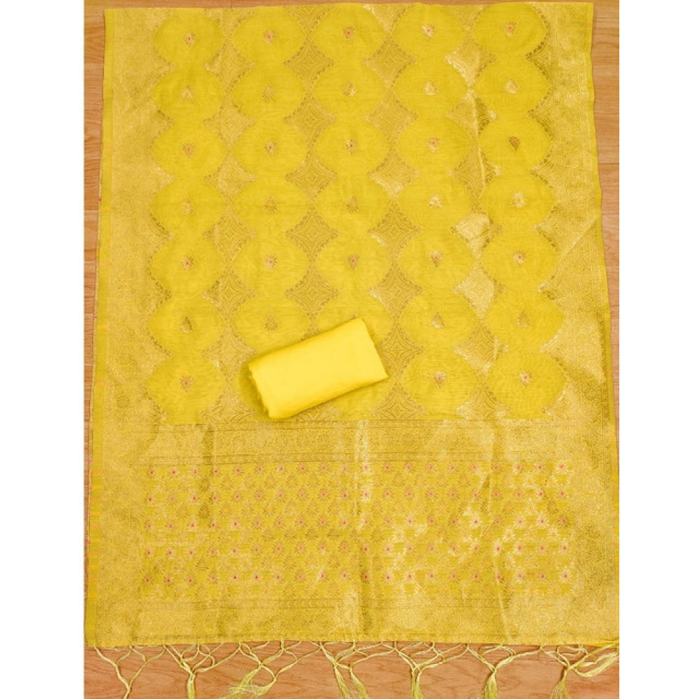 HD Women's Banarasi Silk Printed Unstitched Salwar Suit Material With Dupatta (Yellow, 3Mtrs)