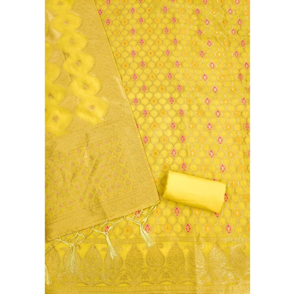 HD Women's Banarasi Silk Printed Unstitched Salwar Suit Material With Dupatta (Yellow, 3Mtrs)