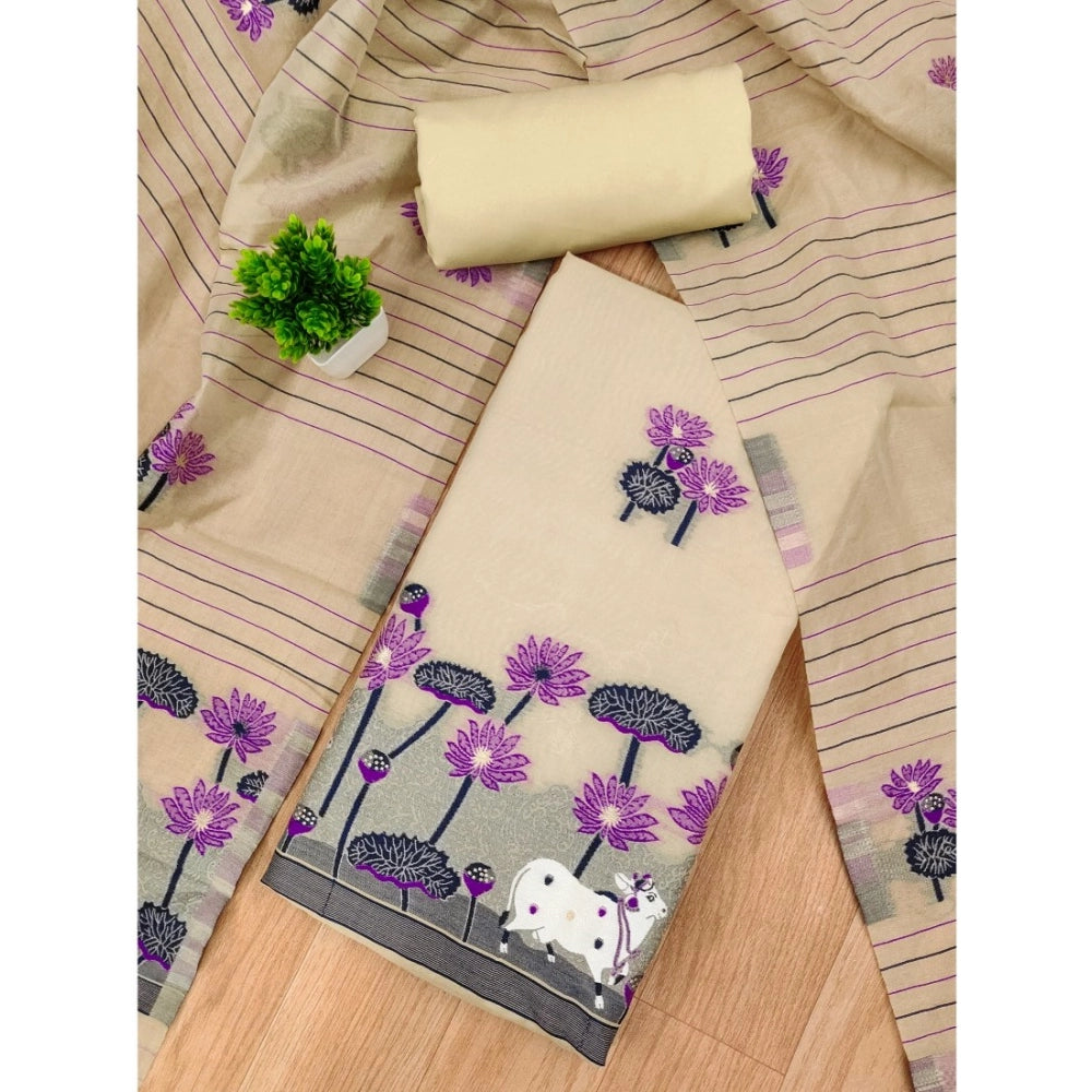 HD Women's Banarasi Silk Printed Unstitched Salwar Suit Material With Dupatta (Cream, 3Mtrs)