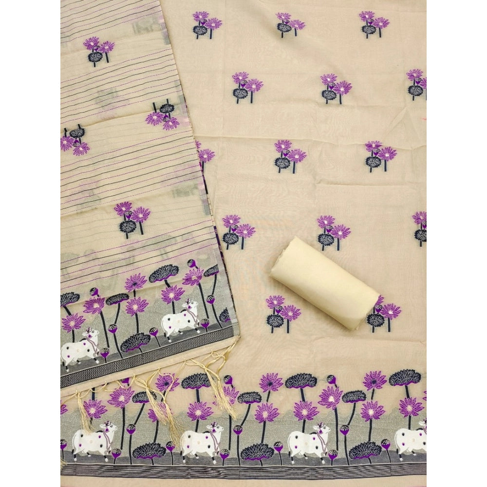 HD Women's Banarasi Silk Printed Unstitched Salwar Suit Material With Dupatta (Cream, 3Mtrs)
