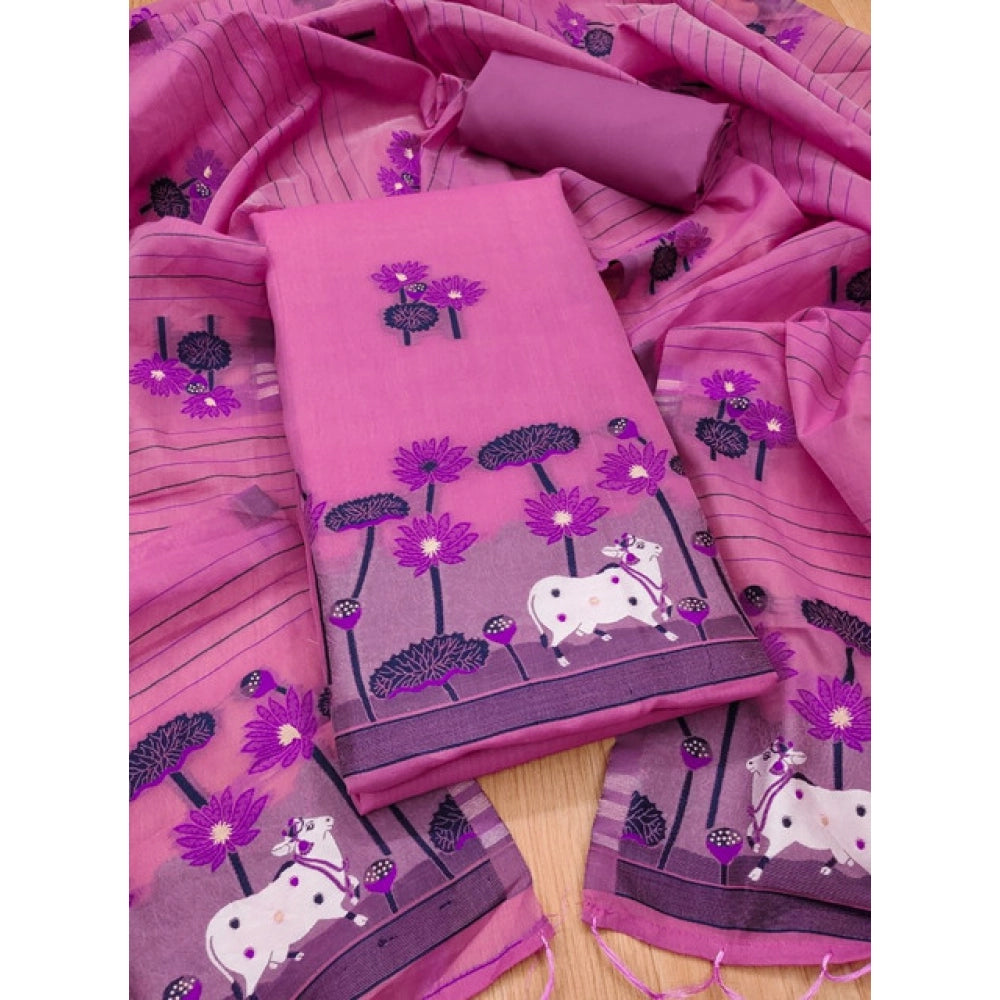 HD Women's Banarasi Silk Printed Unstitched Salwar Suit Material With Dupatta (Pink, 3Mtrs)