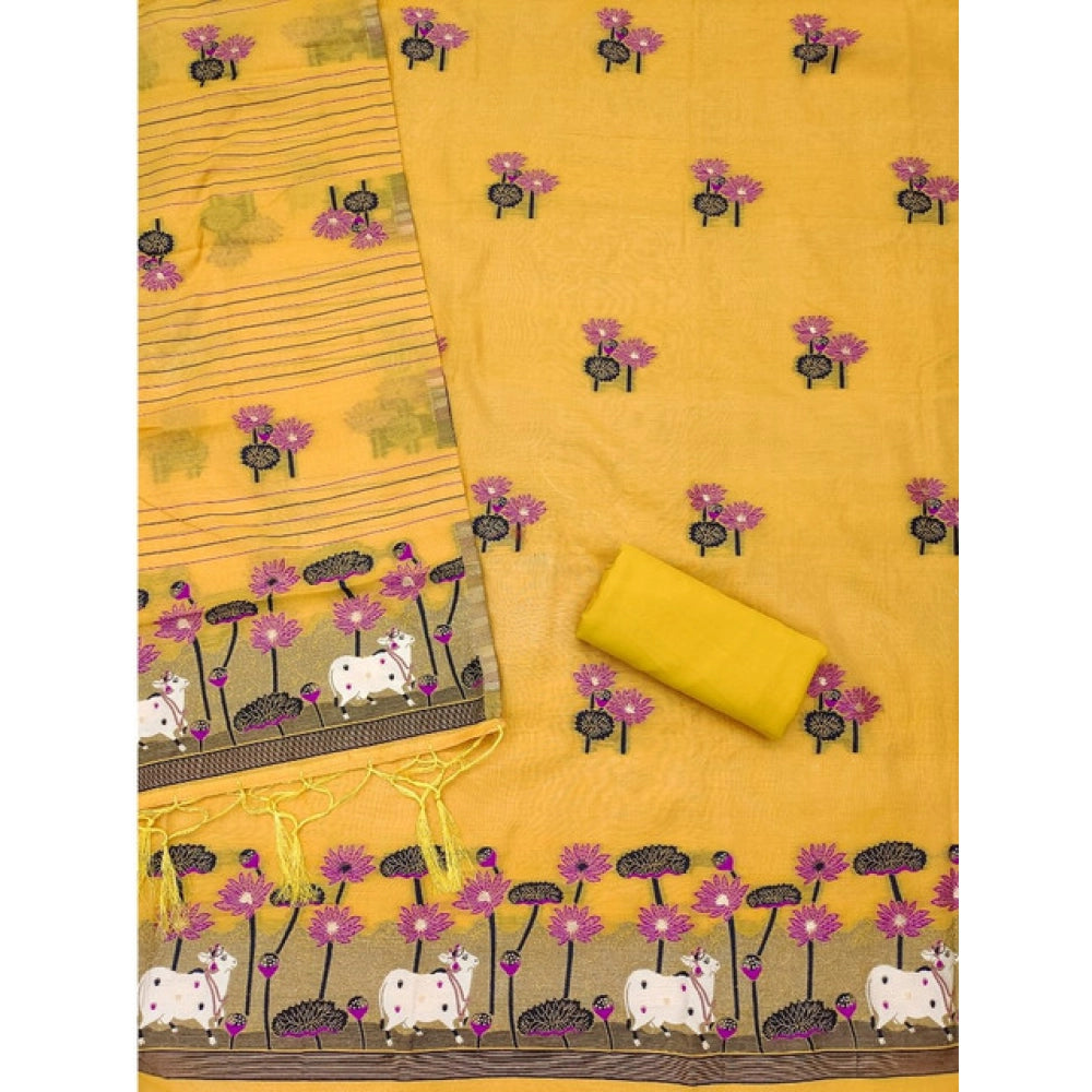 HD Women's Banarasi Silk Printed Unstitched Salwar Suit Material With Dupatta (Yellow, 3Mtrs)
