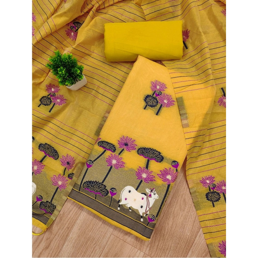 HD Women's Banarasi Silk Printed Unstitched Salwar Suit Material With Dupatta (Yellow, 3Mtrs)