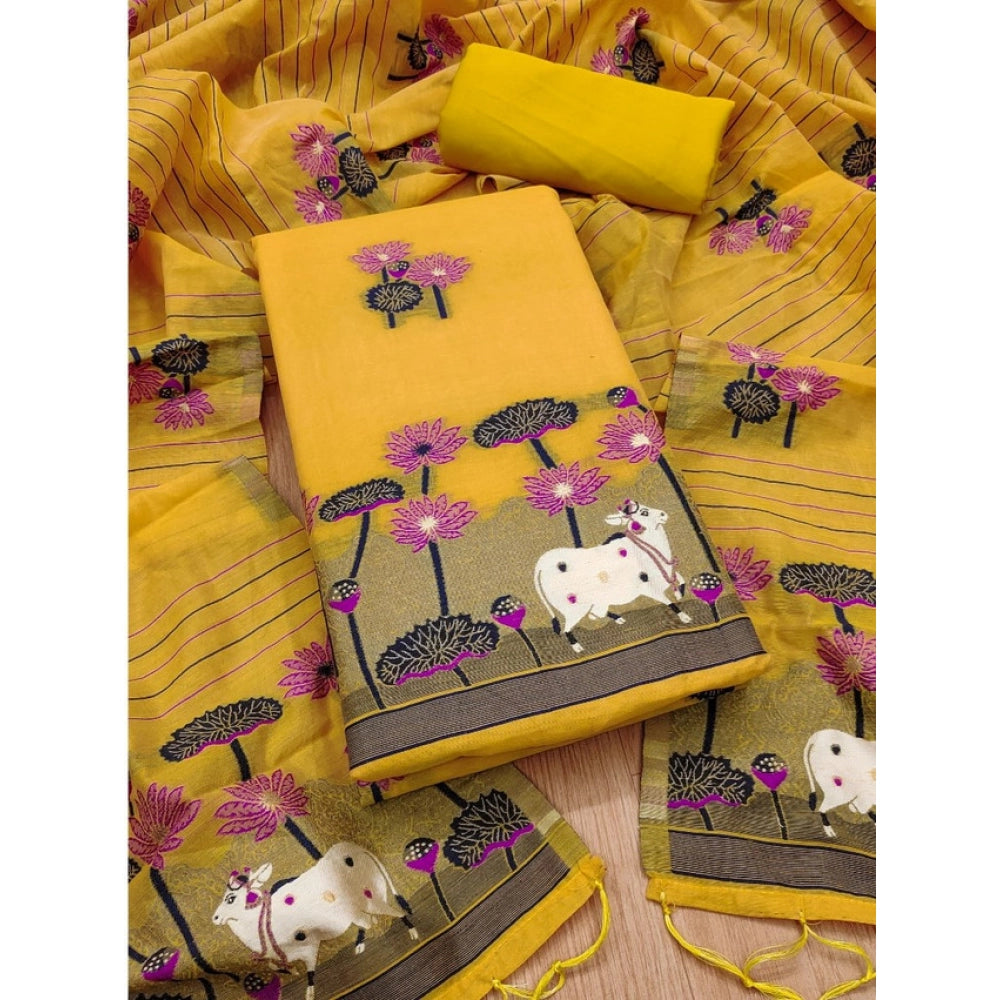 HD Women's Banarasi Silk Printed Unstitched Salwar Suit Material With Dupatta (Yellow, 3Mtrs)