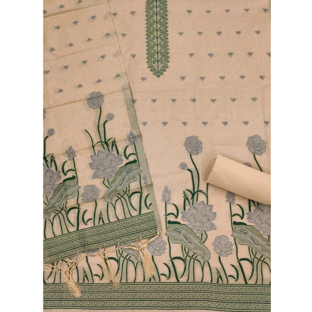 HD Women's Banarasi Silk Printed Unstitched Salwar Suit Material With Dupatta (Cream, 3Mtrs)
