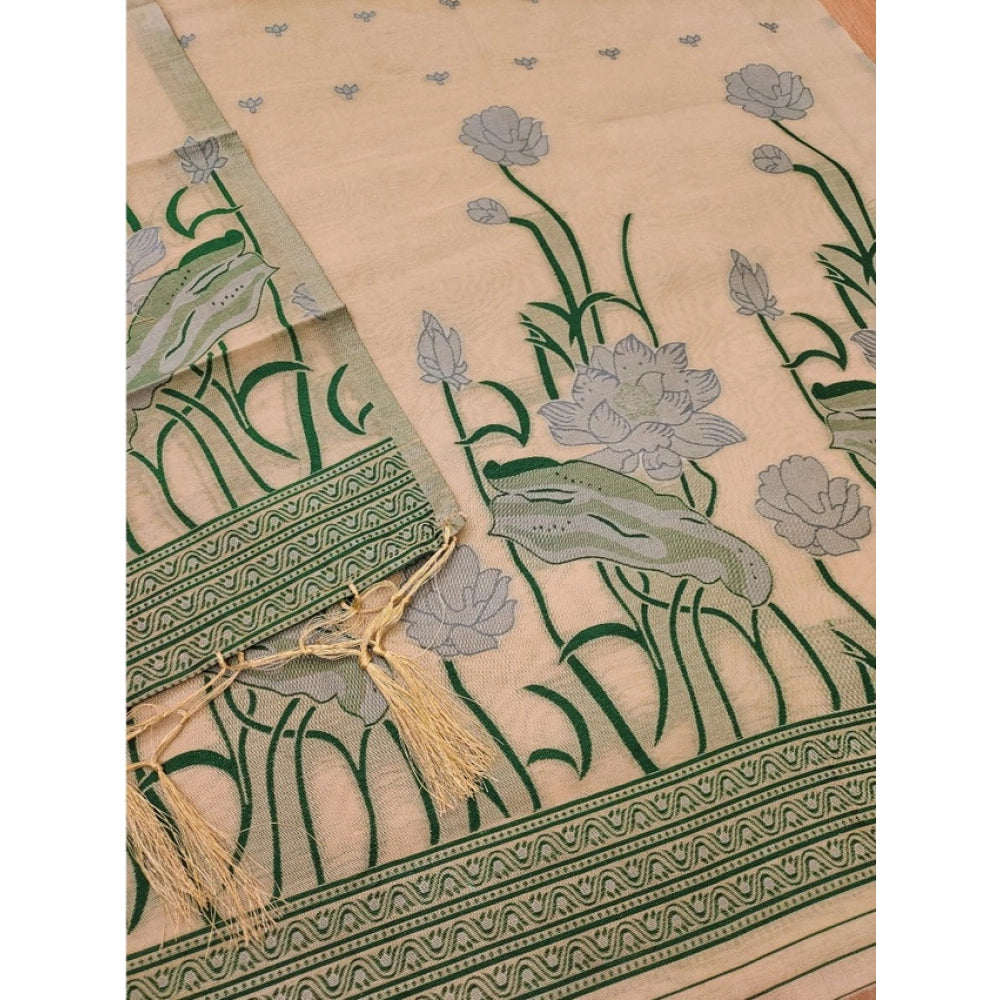 HD Women's Banarasi Silk Printed Unstitched Salwar Suit Material With Dupatta (Cream, 3Mtrs)