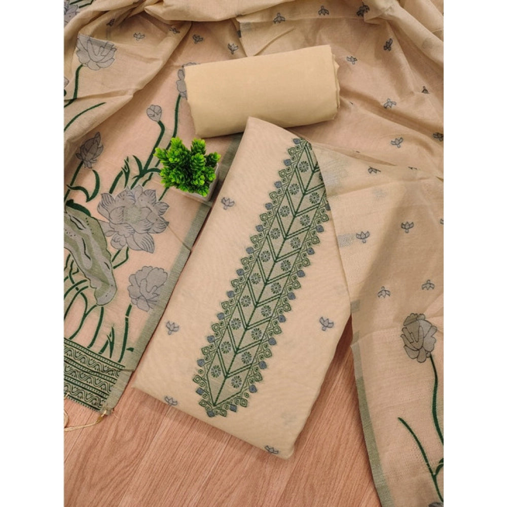 HD Women's Banarasi Silk Printed Unstitched Salwar Suit Material With Dupatta (Cream, 3Mtrs)