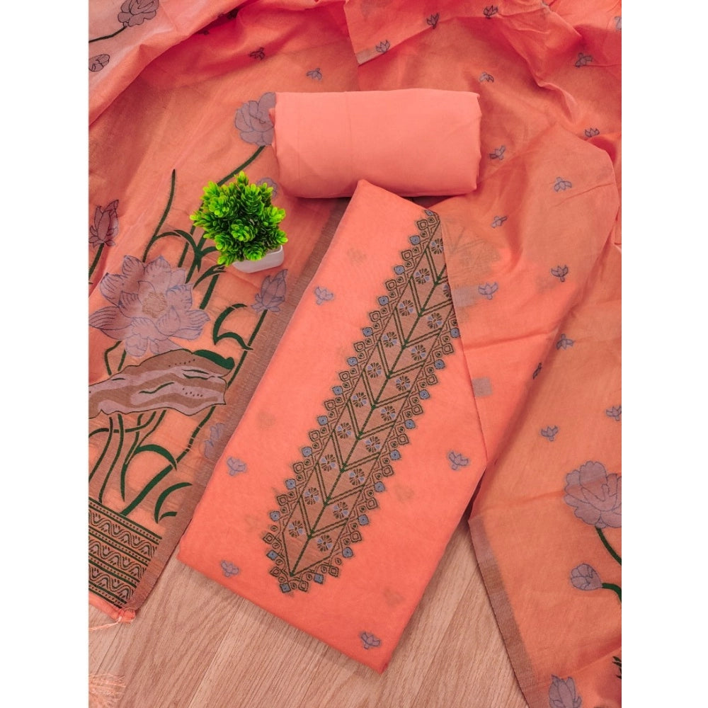 HD Women's Banarasi Silk Printed Unstitched Salwar Suit Material With Dupatta (Peach, 3Mtrs)