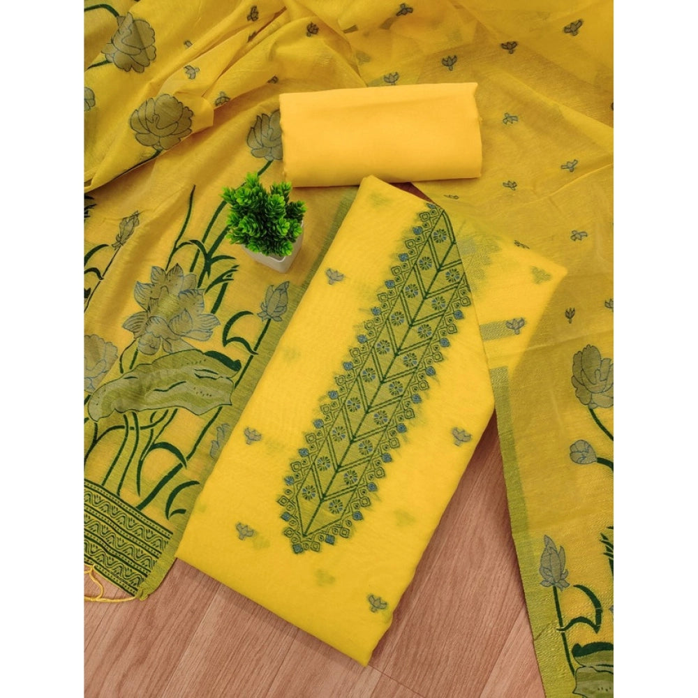 HD Women's Banarasi Silk Printed Unstitched Salwar Suit Material With Dupatta (Yellow, 3Mtrs)