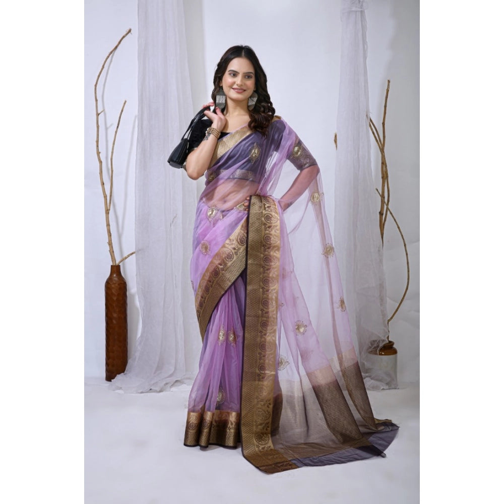 Women's Organza jacquard Embellished Saree With Unstitched Blouse 5.5Mtr (Purple)