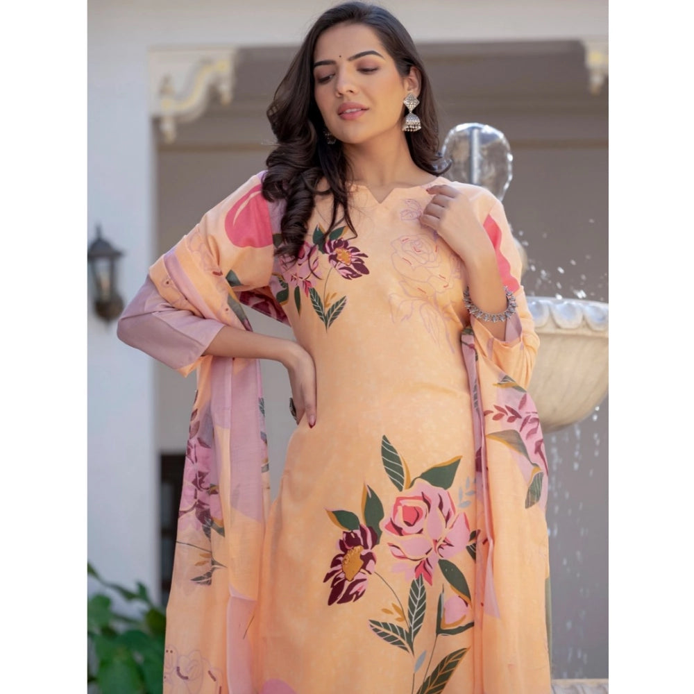 HD Women's Cotton Blend Printed Kurti With Pant Dupatta Set (Orange)