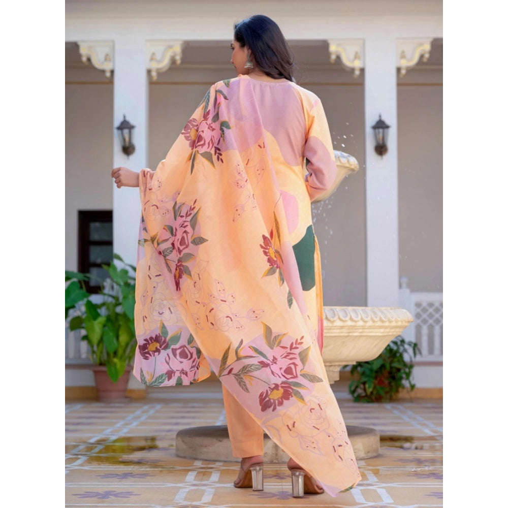 HD Women's Cotton Blend Printed Kurti With Pant Dupatta Set (Orange)