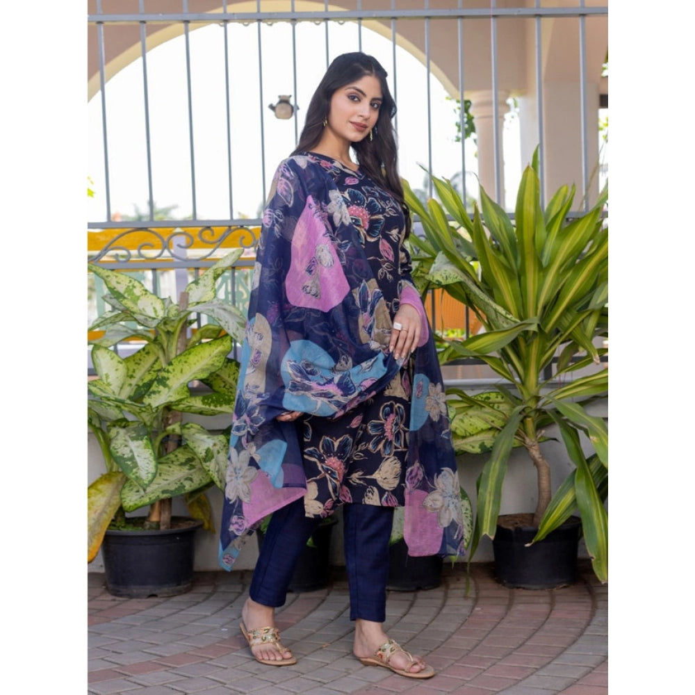 HD Women's Cotton Blend Printed Kurti With Pant Dupatta Set (NavyBlue)