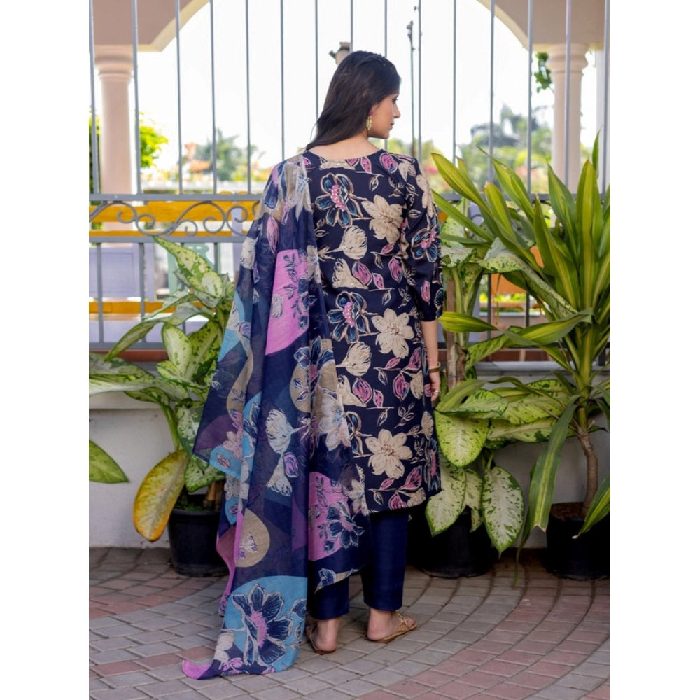 HD Women's Cotton Blend Printed Kurti With Pant Dupatta Set (NavyBlue)