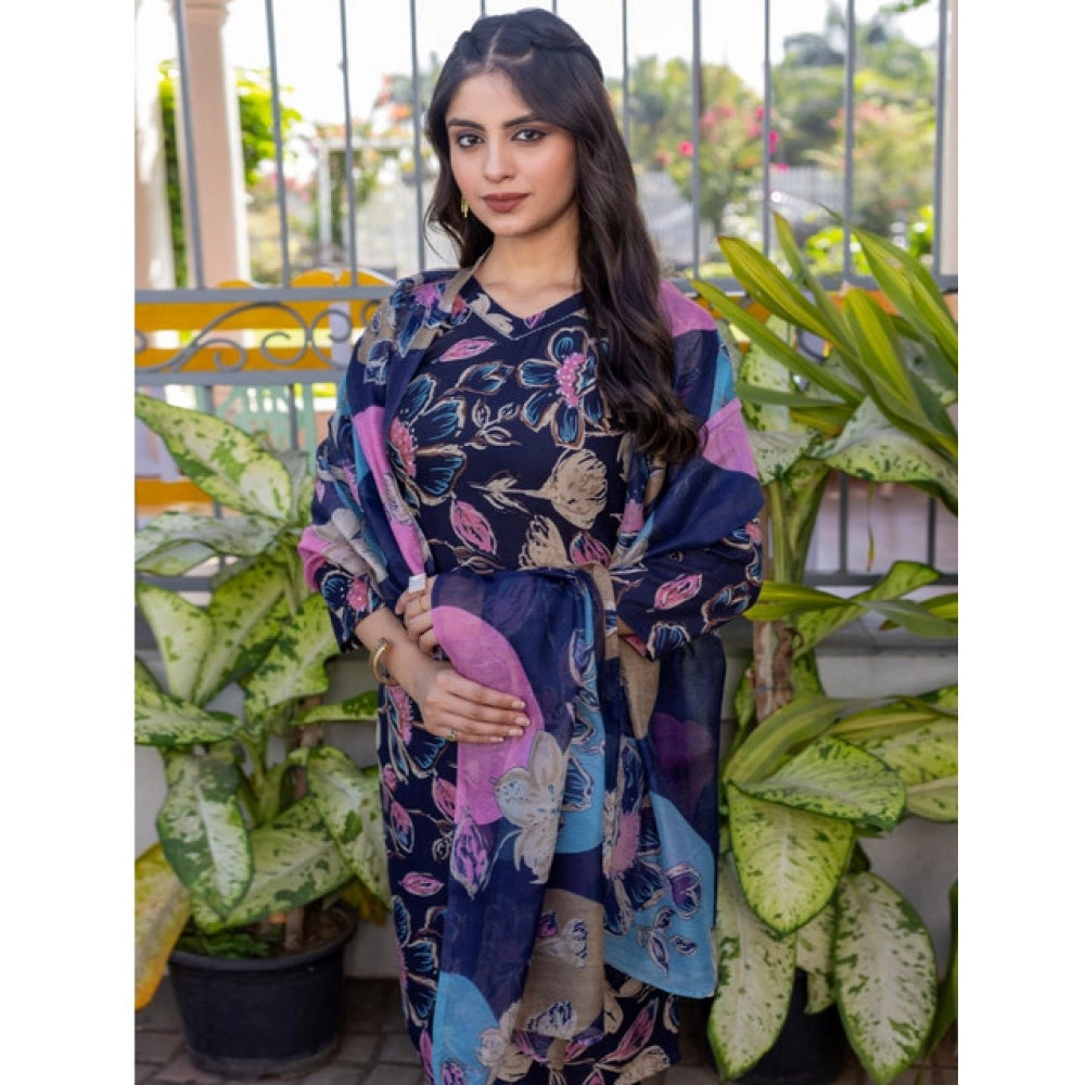 HD Women's Cotton Blend Printed Kurti With Pant Dupatta Set (NavyBlue)