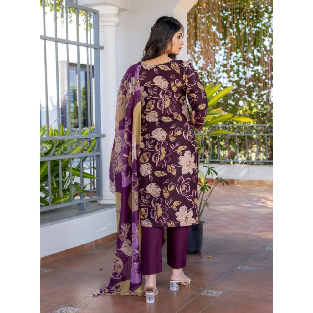 HD Women's Cotton Blend Printed Kurti With Pant Dupatta Set (Purple)