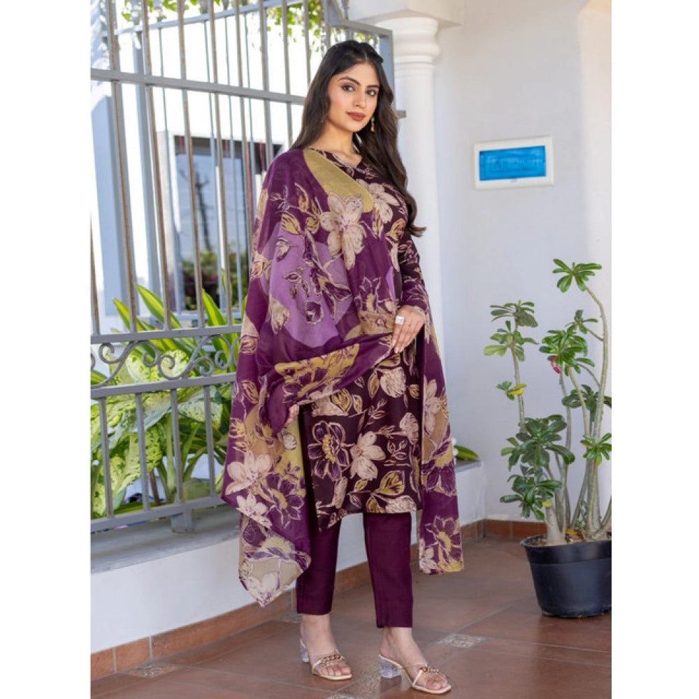 HD Women's Cotton Blend Printed Kurti With Pant Dupatta Set (Purple)