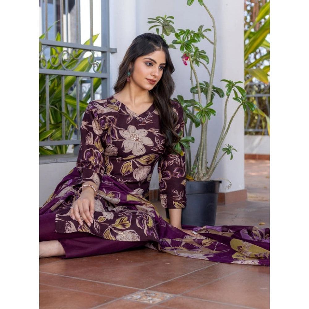 HD Women's Cotton Blend Printed Kurti With Pant Dupatta Set (Purple)