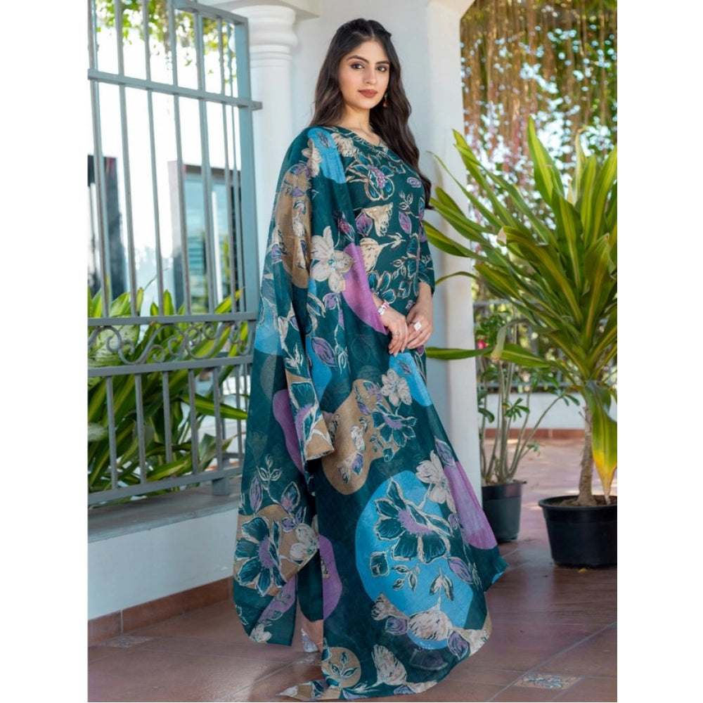 HD Women's Cotton Blend Printed Kurti With Pant Dupatta Set (Rama)