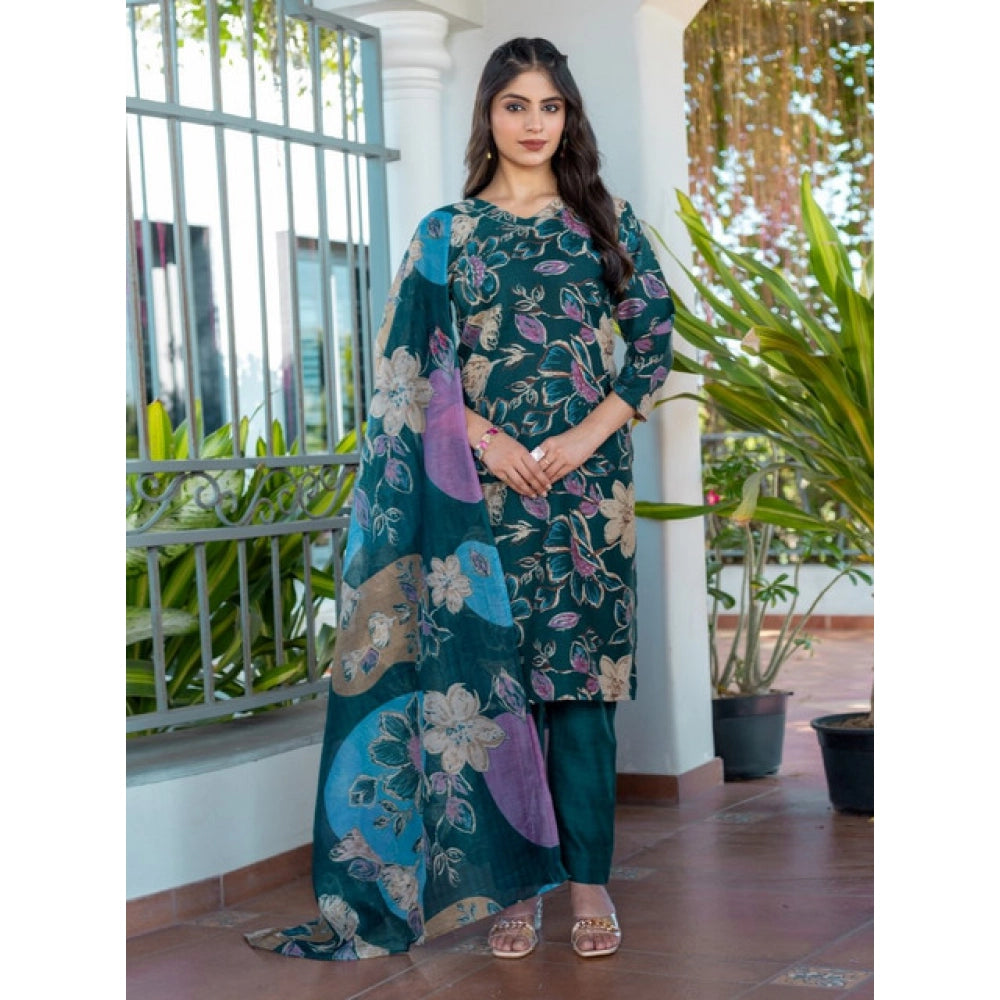 HD Women's Cotton Blend Printed Kurti With Pant Dupatta Set (Rama)