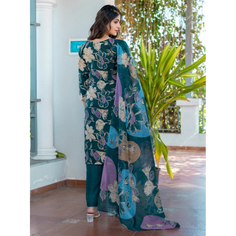 HD Women's Cotton Blend Printed Kurti With Pant Dupatta Set (Rama)