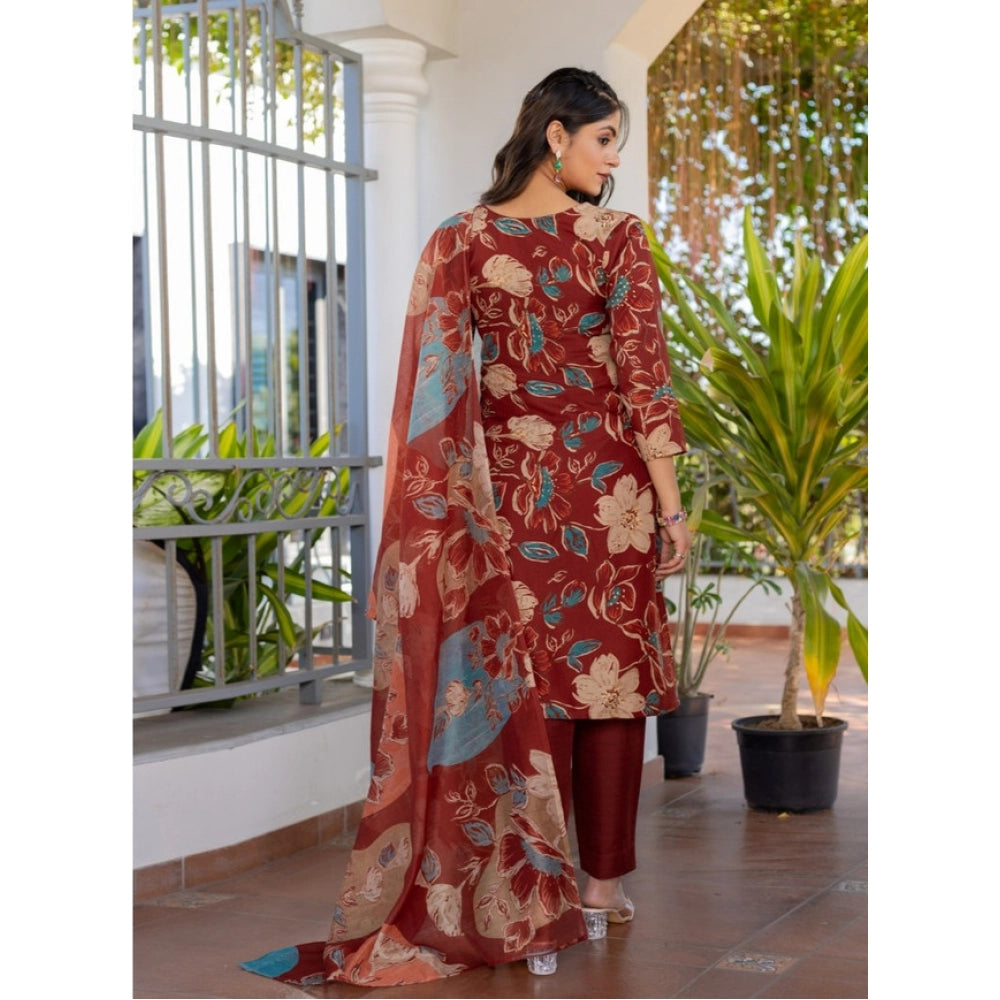 HD Women's Cotton Blend Printed Kurti With Pant Dupatta Set (Rust)
