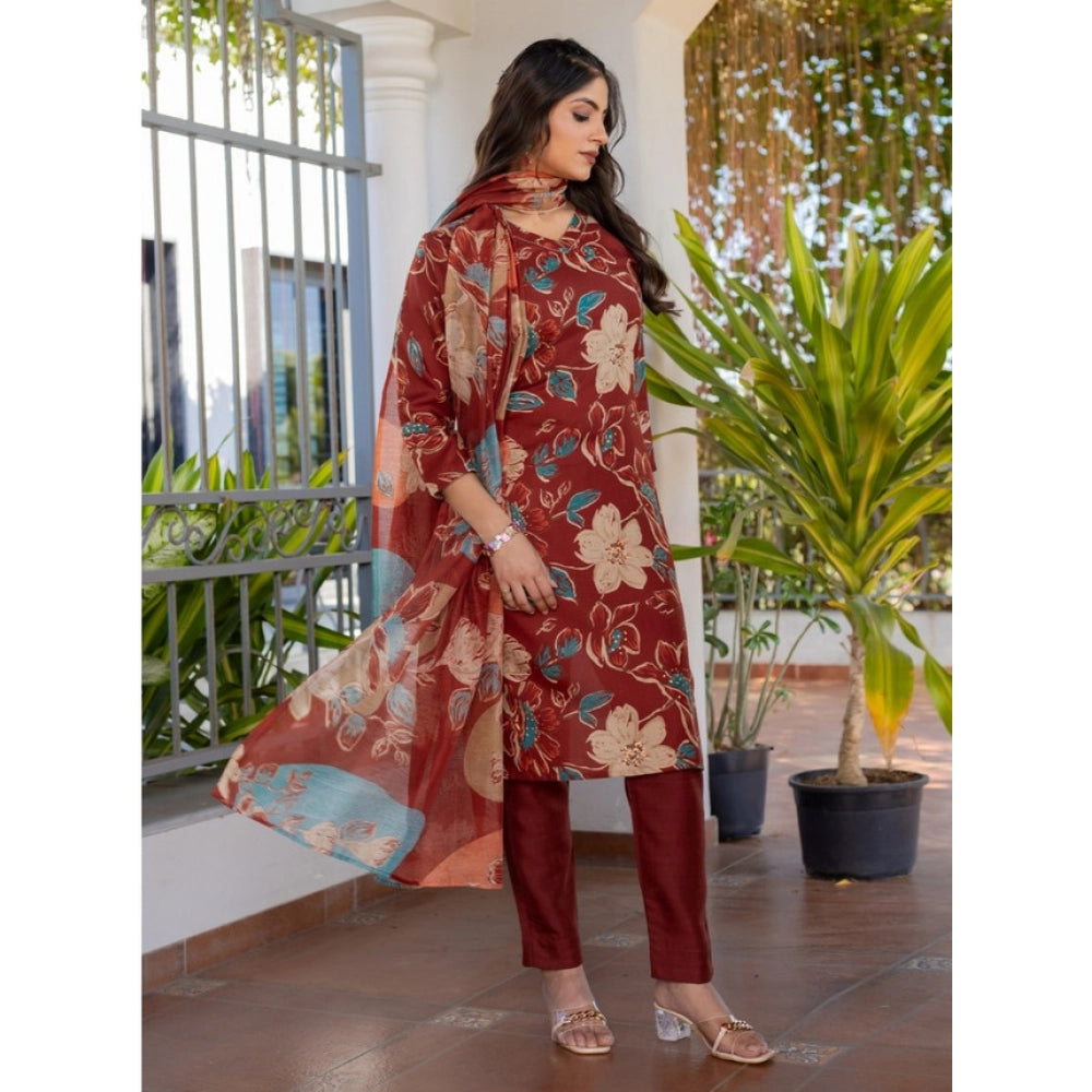 HD Women's Cotton Blend Printed Kurti With Pant Dupatta Set (Rust)