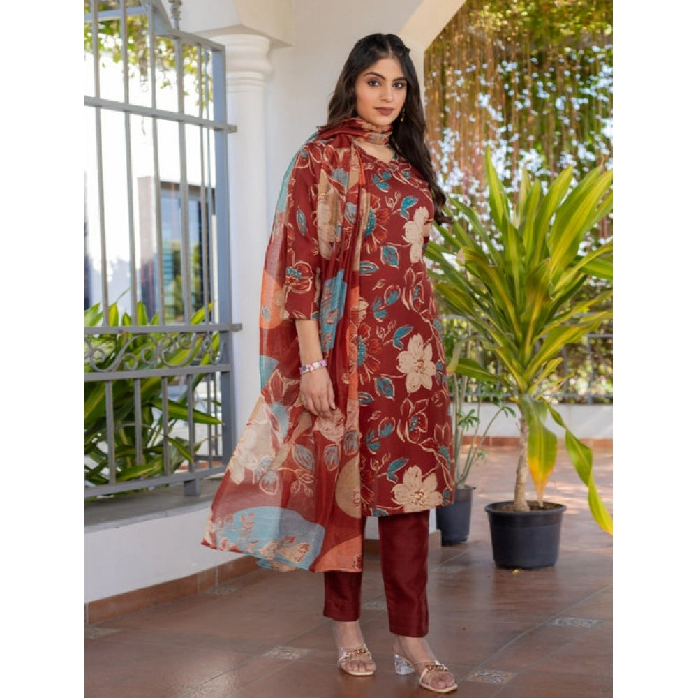 HD Women's Cotton Blend Printed Kurti With Pant Dupatta Set (Rust)