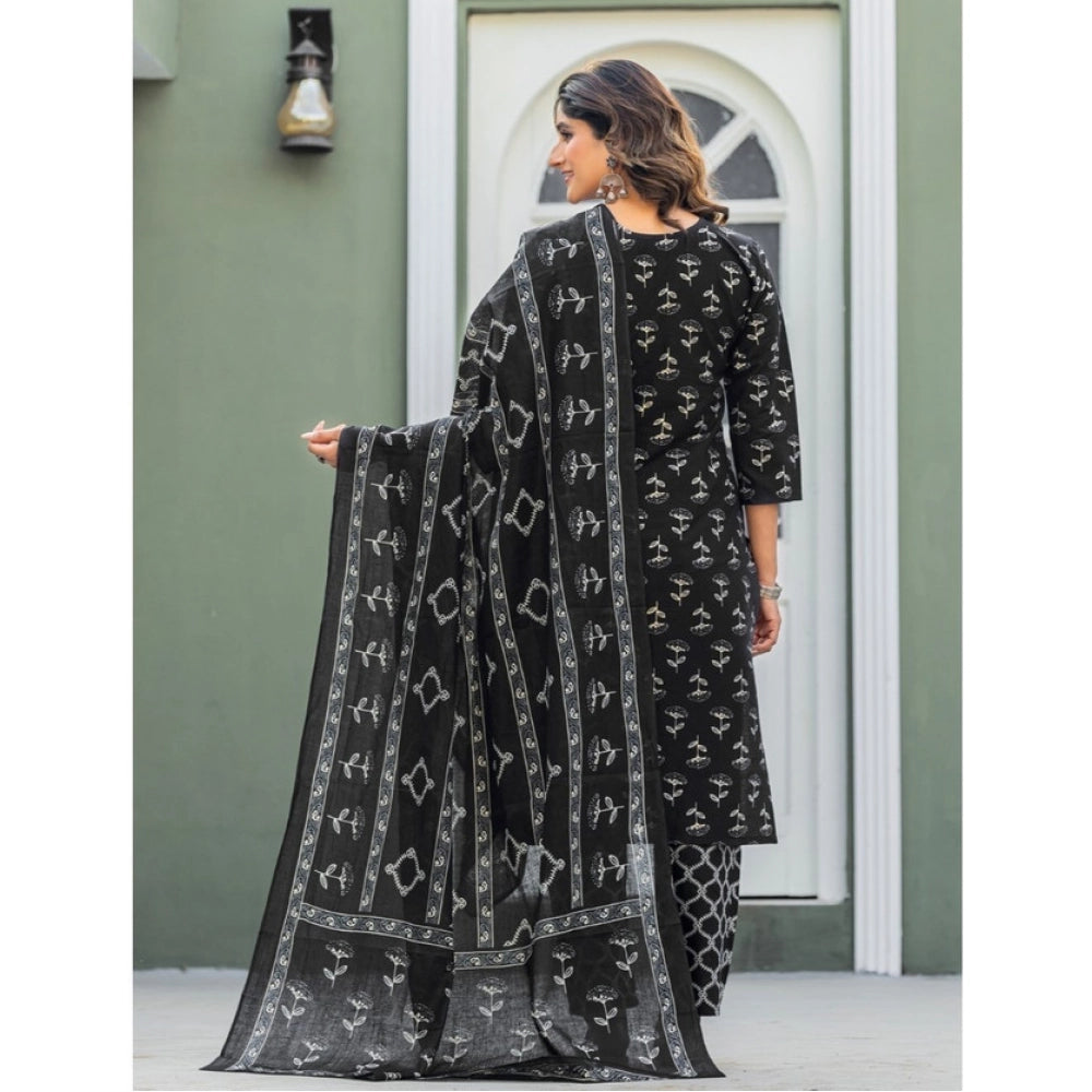 HD Women's Cotton Blend Printed Kurti With Pant Dupatta Set (Black)